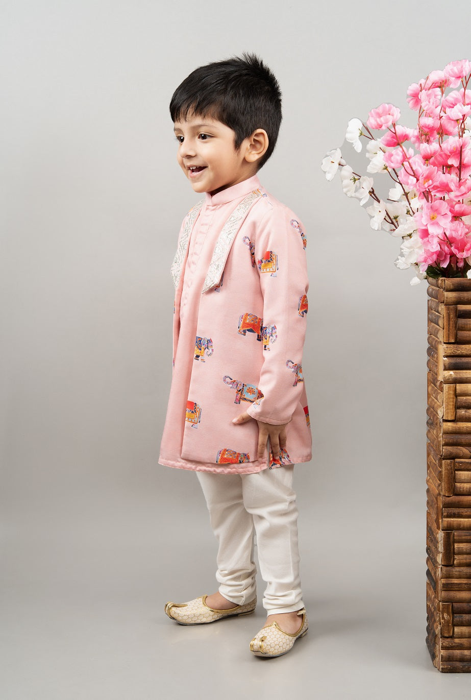 Powder Pink Indo Western Elephant Print Attached Jacket With Churidar Set