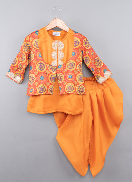 Orange Kurti With Printed Jacket And Dhoti Pant Set