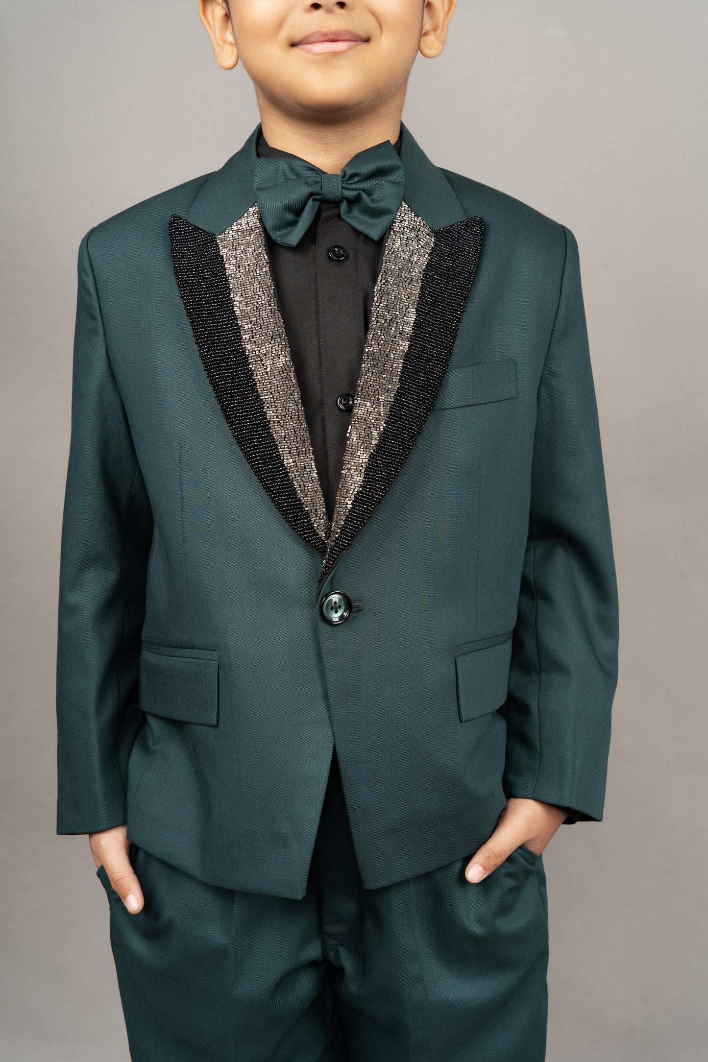 Pine Green Laple Embroidered Suit/shirt/pant With Bow Tie Set