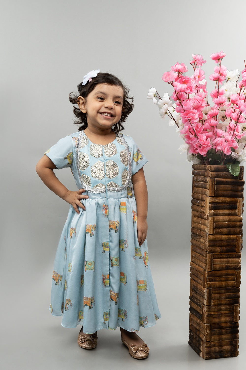 Powder Blue Elephant Print Front Open Gown VIDEER FASHION Powder Blue Elephant Print Front Open Gown VIDEER FASHION