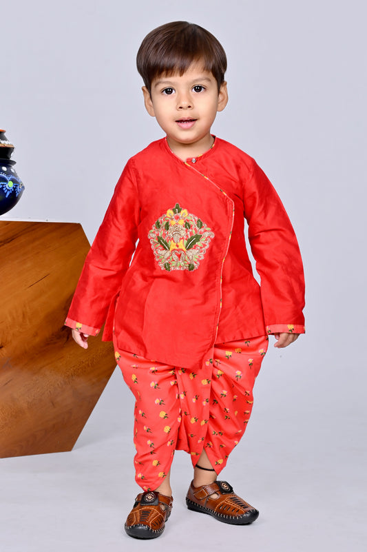 Red Heavy Embroidery Kurta With Printed Dhoti