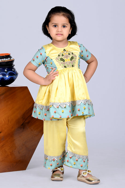 Yellow Heavy Embroidered Kurti With Plazo Set