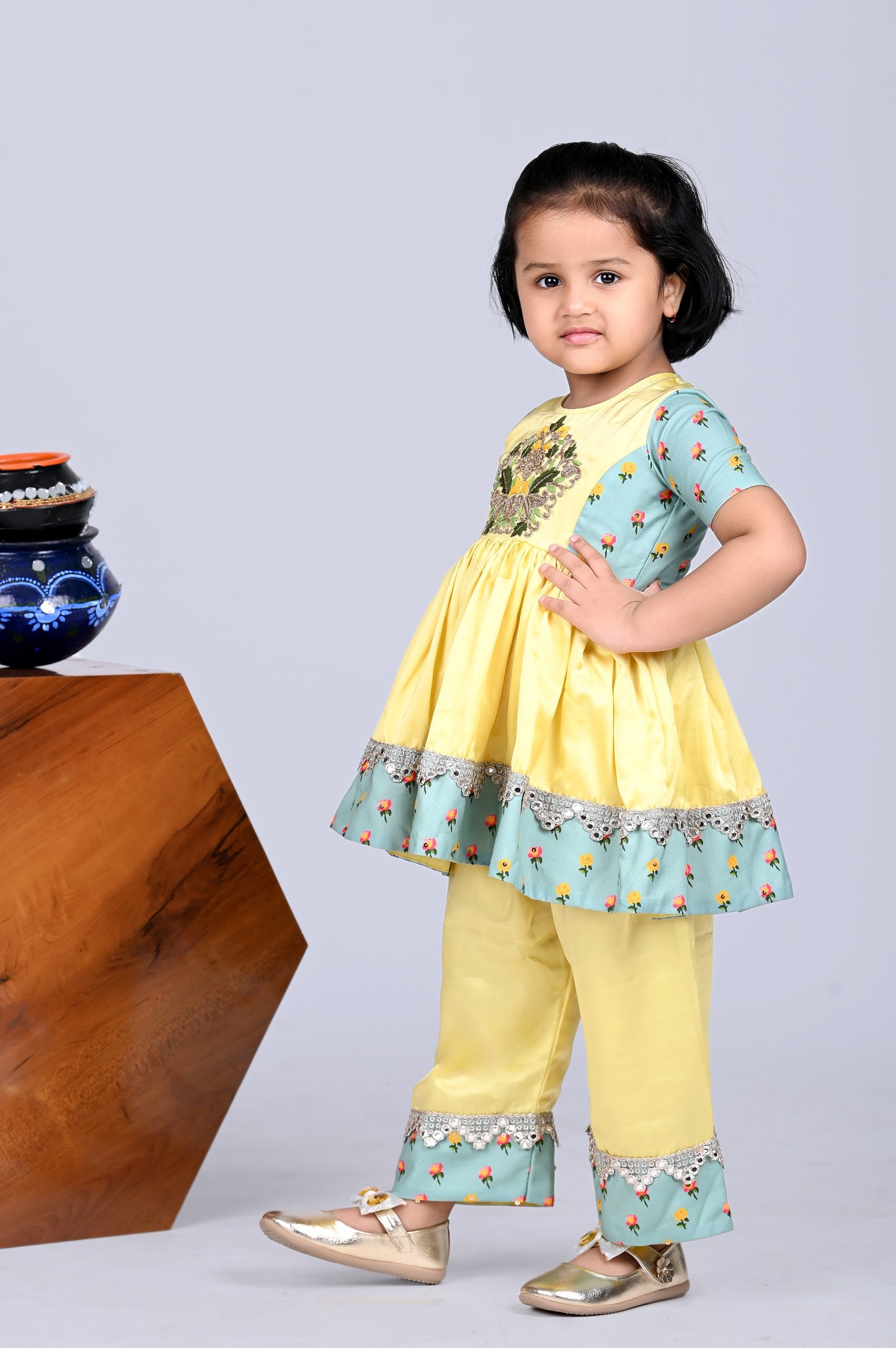 Yellow Heavy Embroidered Kurti With Plazo Set