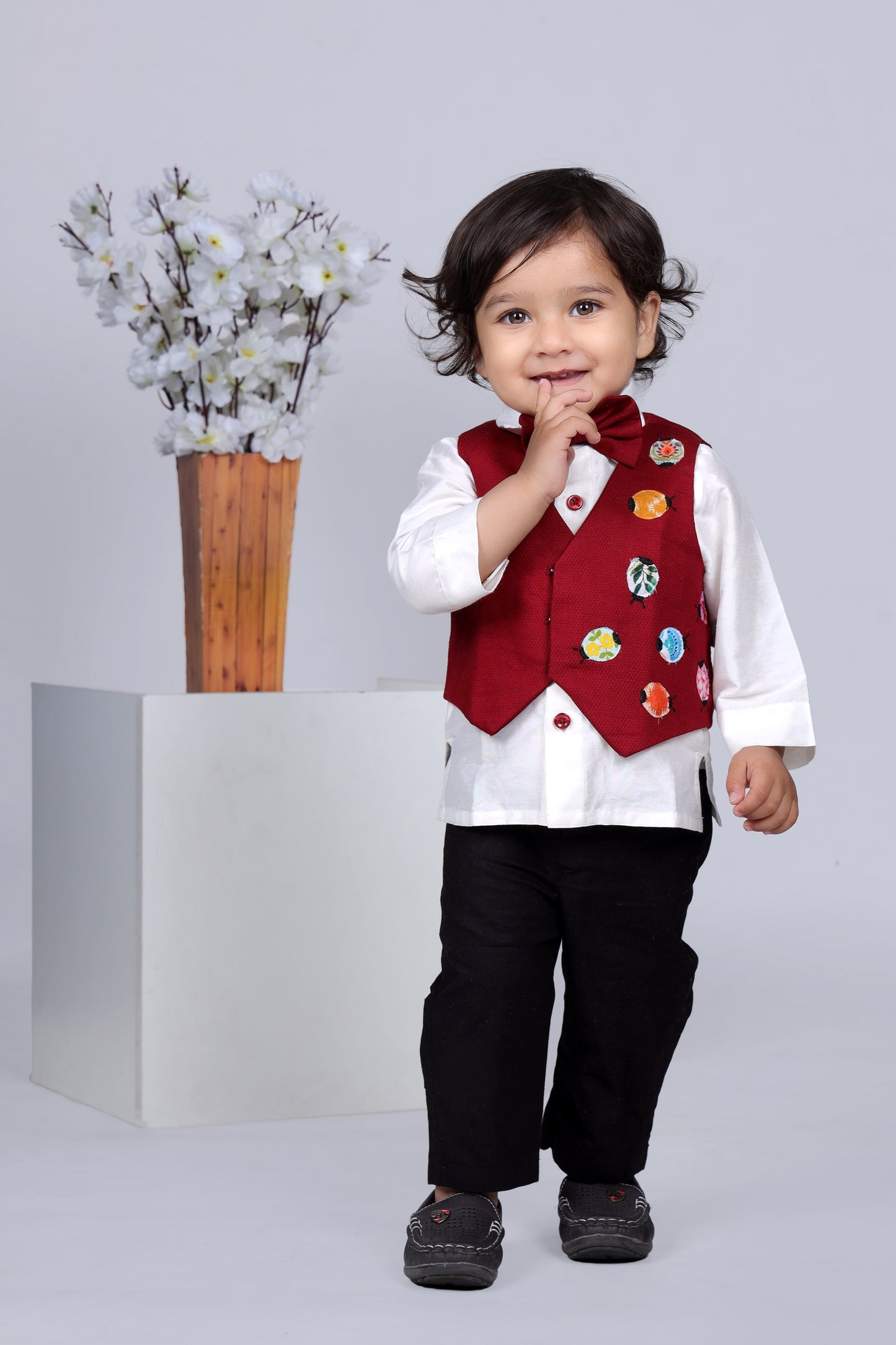 White Shirt/ Black Pant/Marun Waist Coat With Ladybird Applique /Bow Tie Set