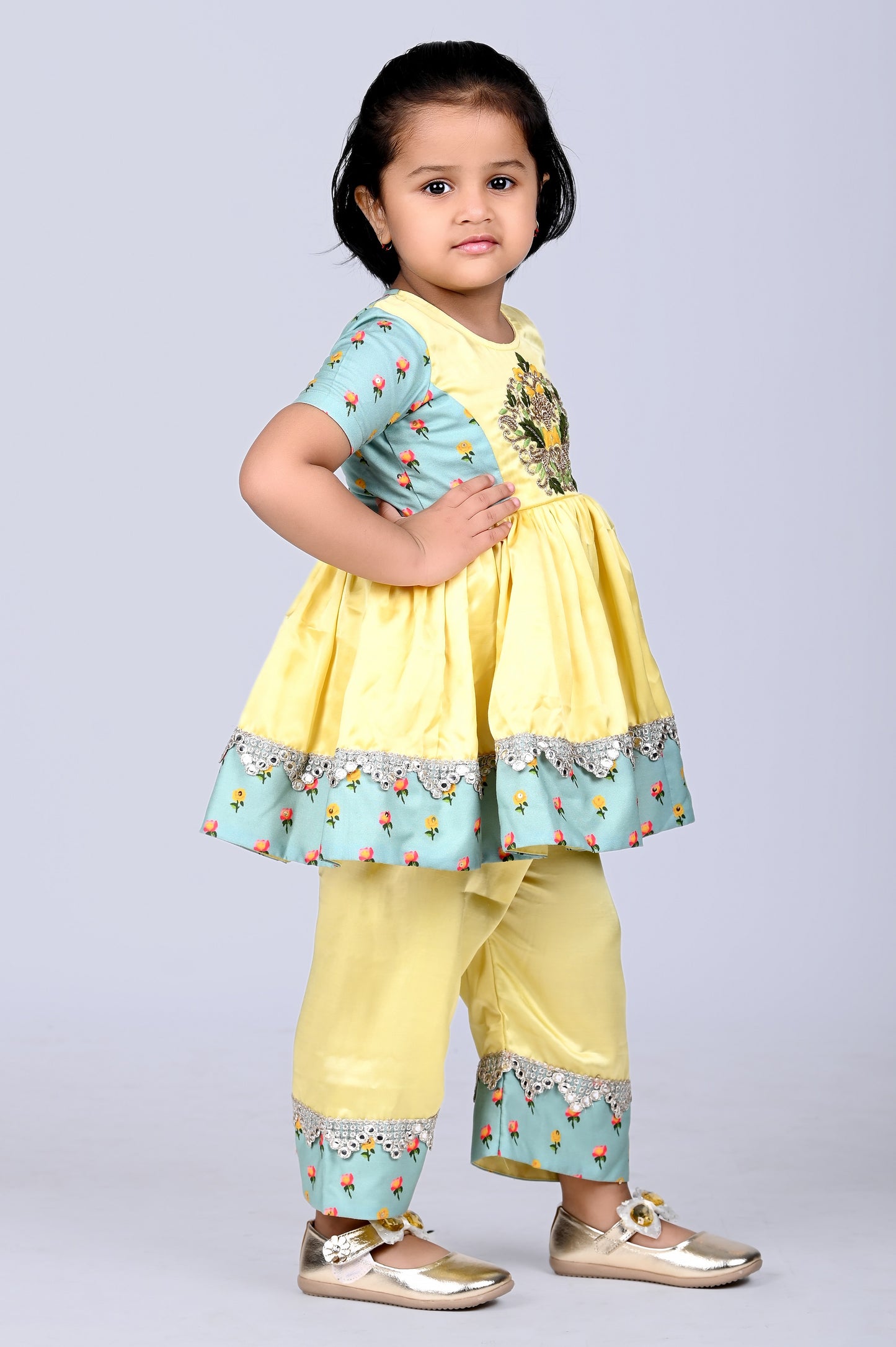 Yellow Heavy Embroidered Kurti With Plazo Set