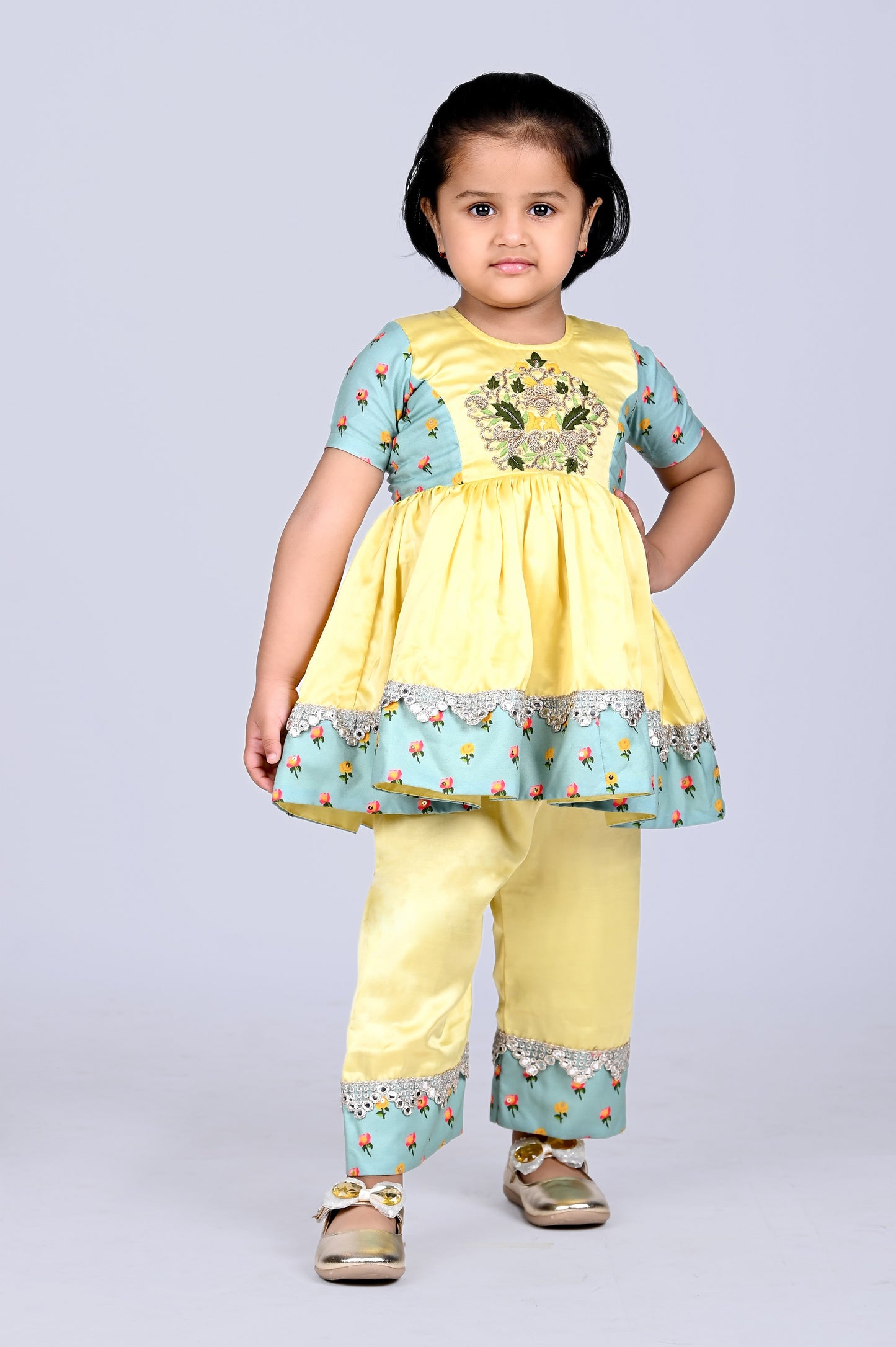 Yellow Heavy Embroidered Kurti With Plazo Set