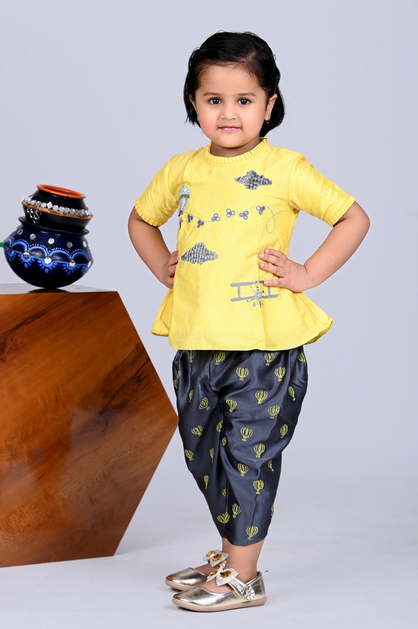 Yellow Embroidered Plane/Balloon Peplum Top And Balloon Printed Dhoti Pant Set