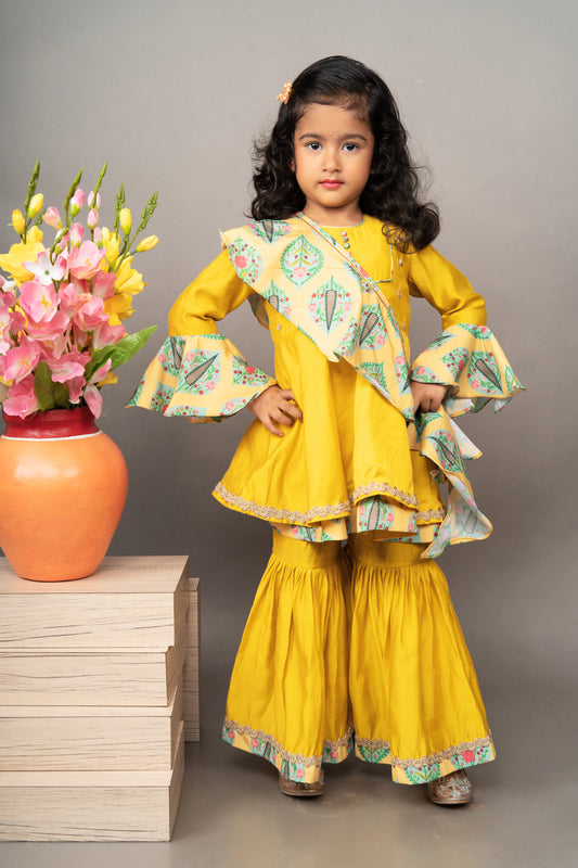 Mustard Yellow Hand Embroidery Top With Sharara Set
