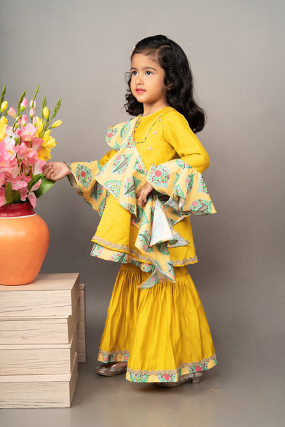 Mustard Yellow Hand Embroidery Top With Sharara Set