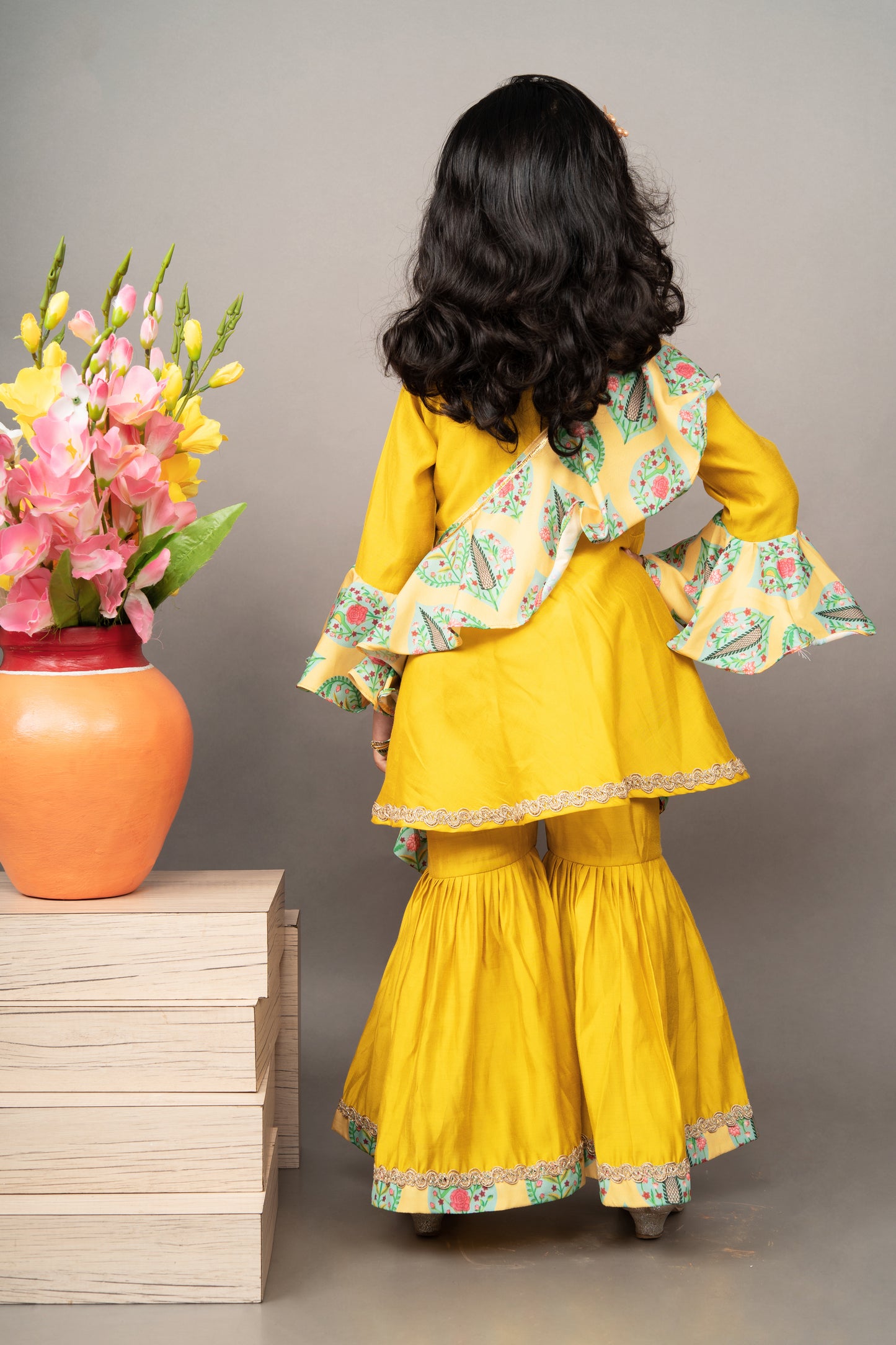 Mustard Yellow Hand Embroidery Top With Sharara Set