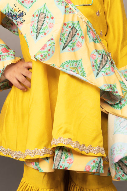 Mustard Yellow Hand Embroidery Top With Sharara Set