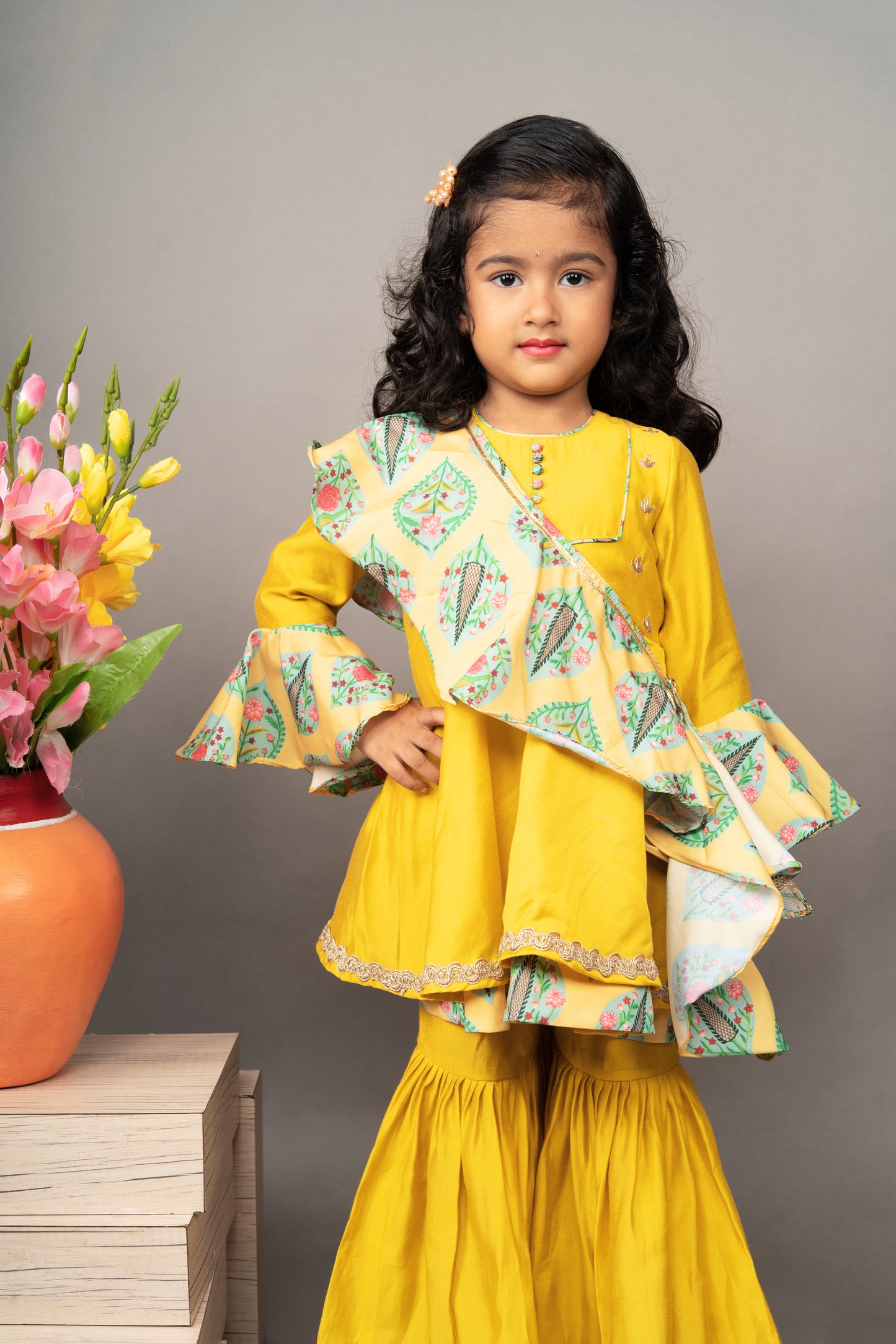 Mustard Yellow Hand Embroidery Top With Sharara Set