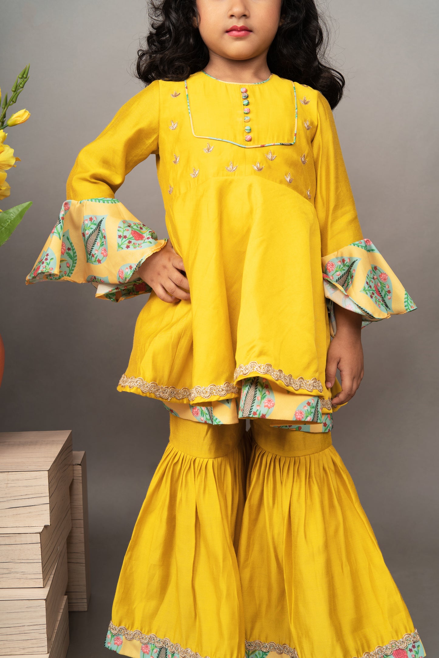 Mustard Yellow Hand Embroidery Top With Sharara Set