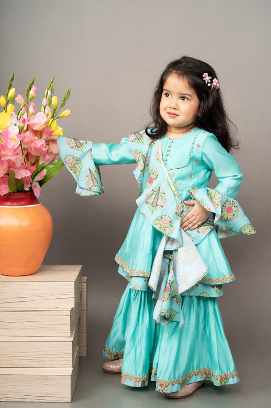 Aqua Blue Hand Embroidery Top With Sharara Set