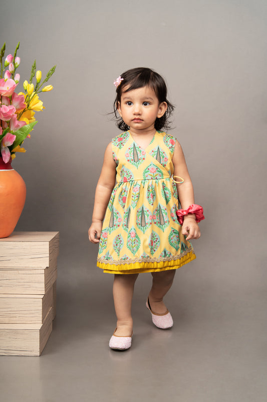 Mustard Yellow Traditonal Printed Sleevless Overlap Dress