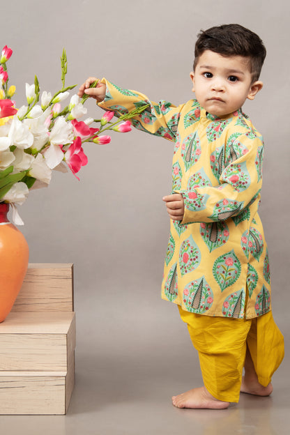 Mustard Yellow Traditional Printed Kurta With Dhoti Set