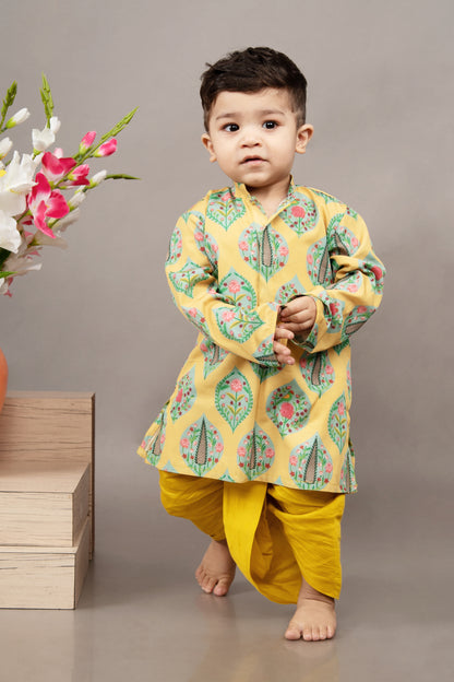 Mustard Yellow Traditional Printed Kurta With Dhoti Set