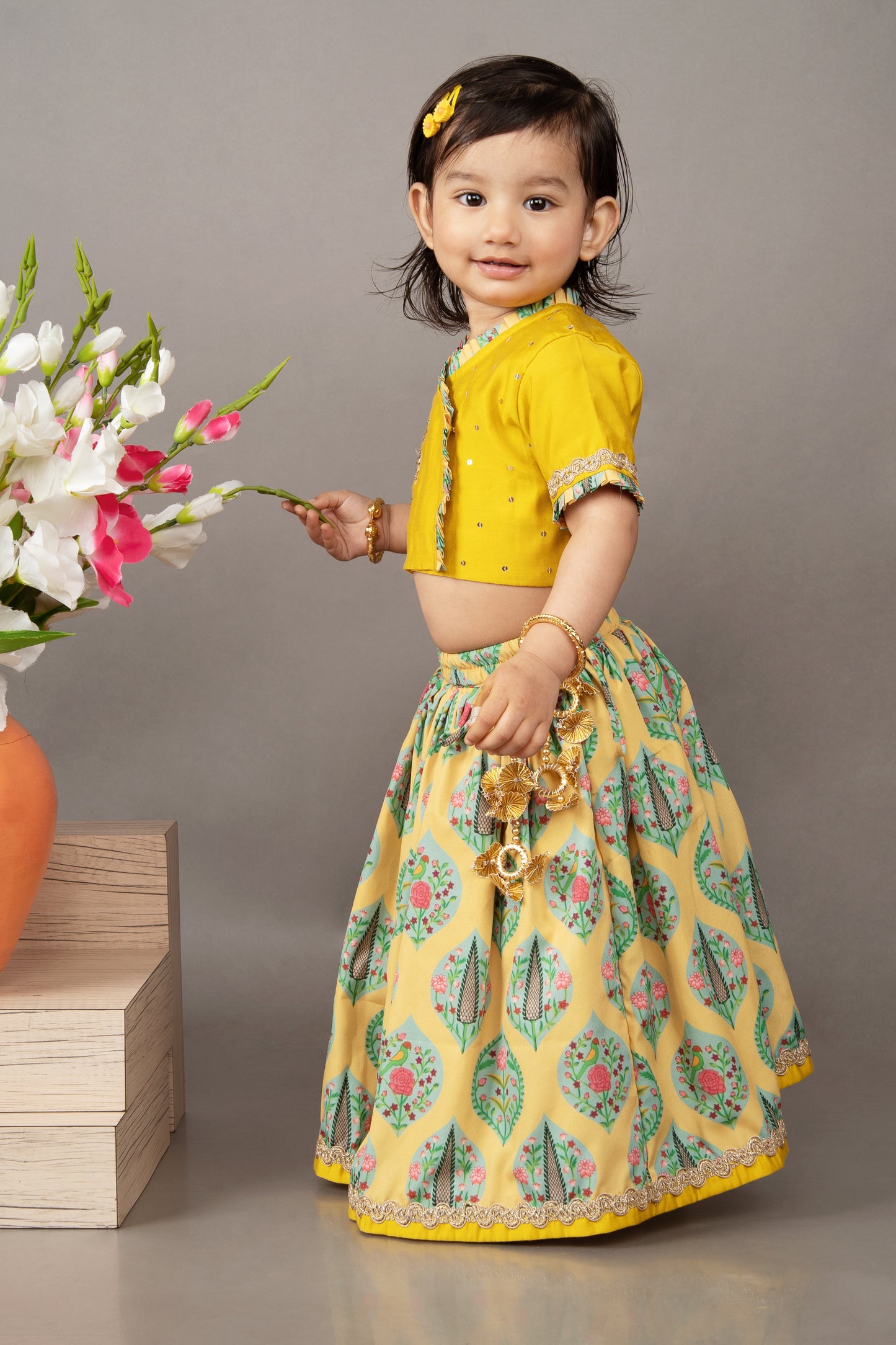 Mustard Yellow Hand Embroidered Blouse With Traditional Printed Ghagara Set