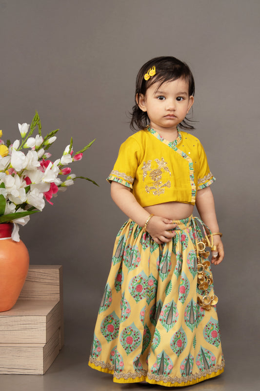 Mustard Yellow Hand Embroidered Blouse With Traditional Printed Ghagara Set