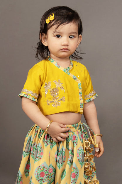 Mustard Yellow Hand Embroidered Blouse With Traditional Printed Ghagara Set