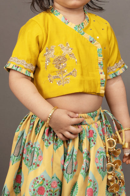 Mustard Yellow Hand Embroidered Blouse With Traditional Printed Ghagara Set