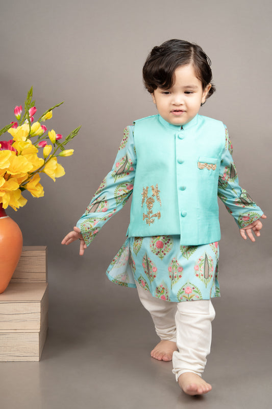 Aqua Blue Traditional Printed Kurta With Hand Embroidered Boota Jacket With Churidar Set