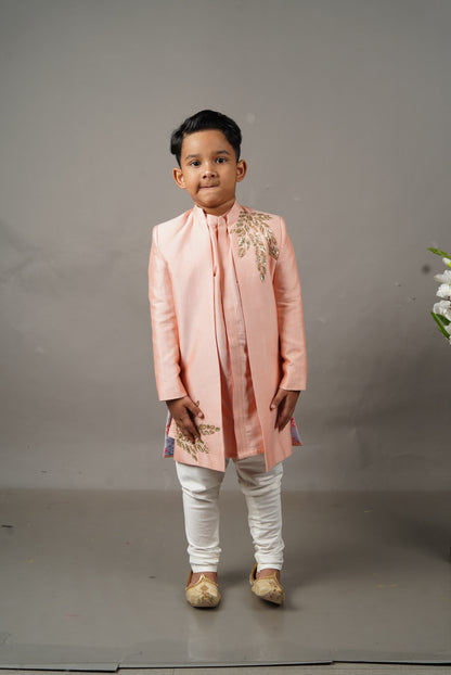 Pink Open Hand Embroidered Sherwani With Kurta Set