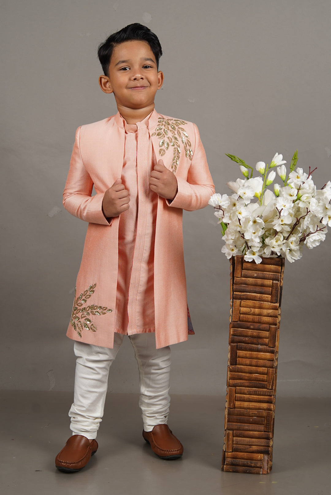 Pink Open Hand Embroidered Sherwani With Kurta Set