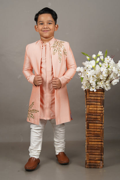 Pink Open Hand Embroidered Sherwani With Kurta Set