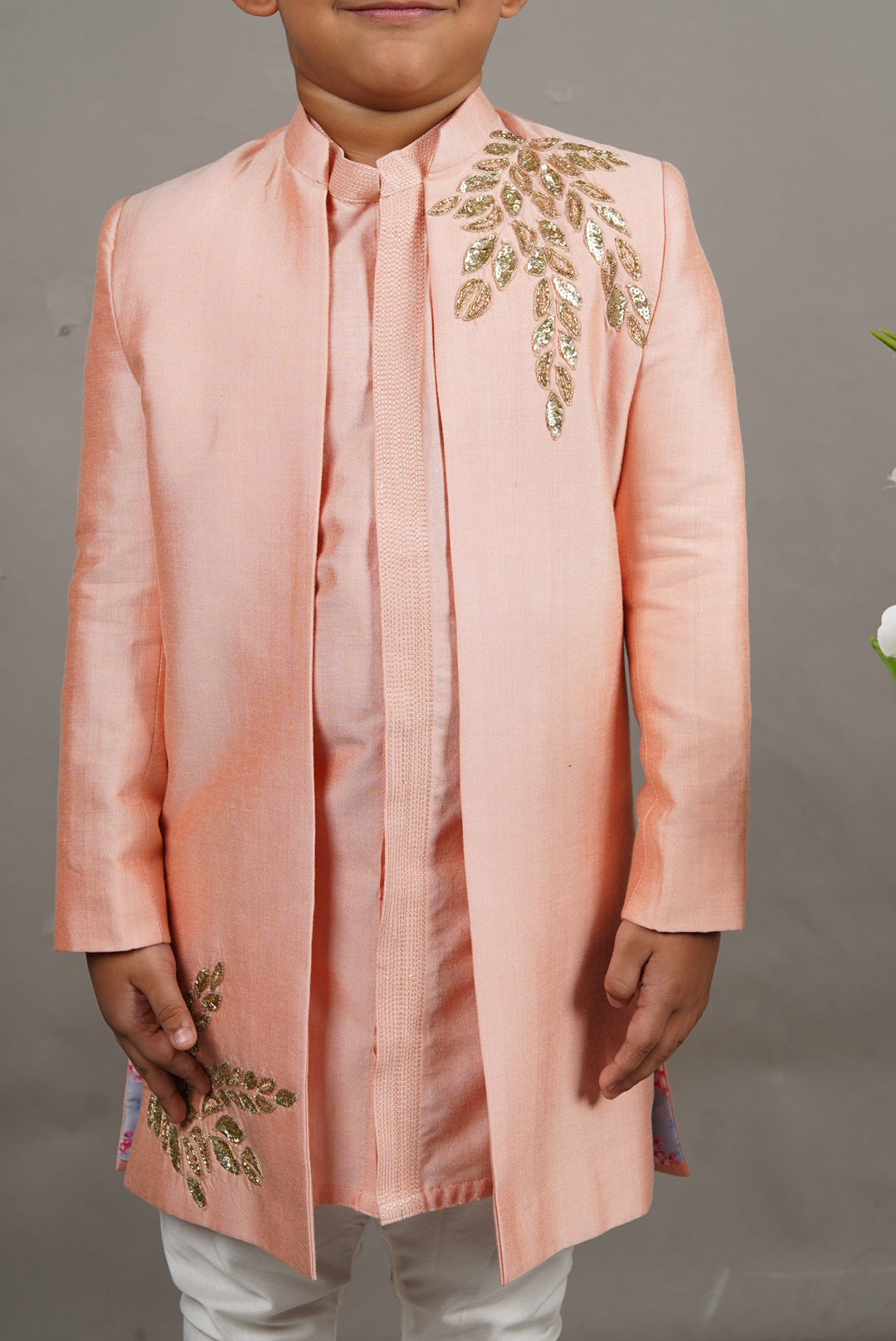 Pink Open Hand Embroidered Sherwani With Kurta Set