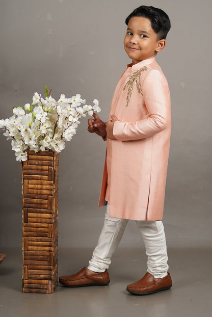 Pink Open Hand Embroidered Sherwani With Kurta Set