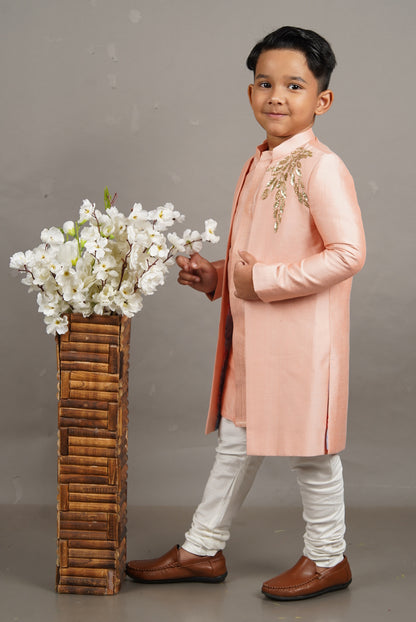 Pink Open Hand Embroidered Sherwani With Kurta Set