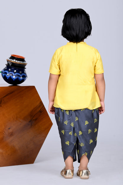 Yellow Embroidered Plane/Balloon Peplum Top And Balloon Printed Dhoti Pant Set