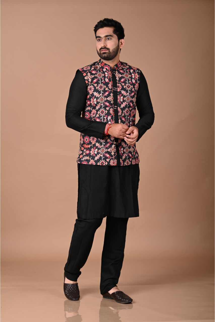 Black Pintux Kurta With Ikkat Printed Bundi Pajama Set