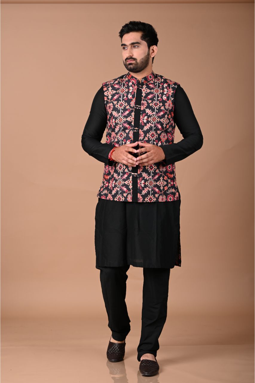 Black Pintux Kurta With Ikkat Printed Bundi Pajama Set