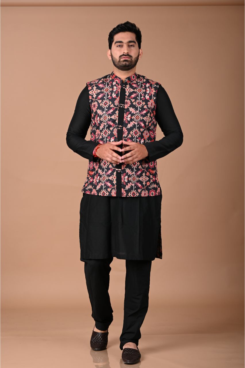 Black Pintux Kurta With Ikkat Printed Bundi Pajama Set