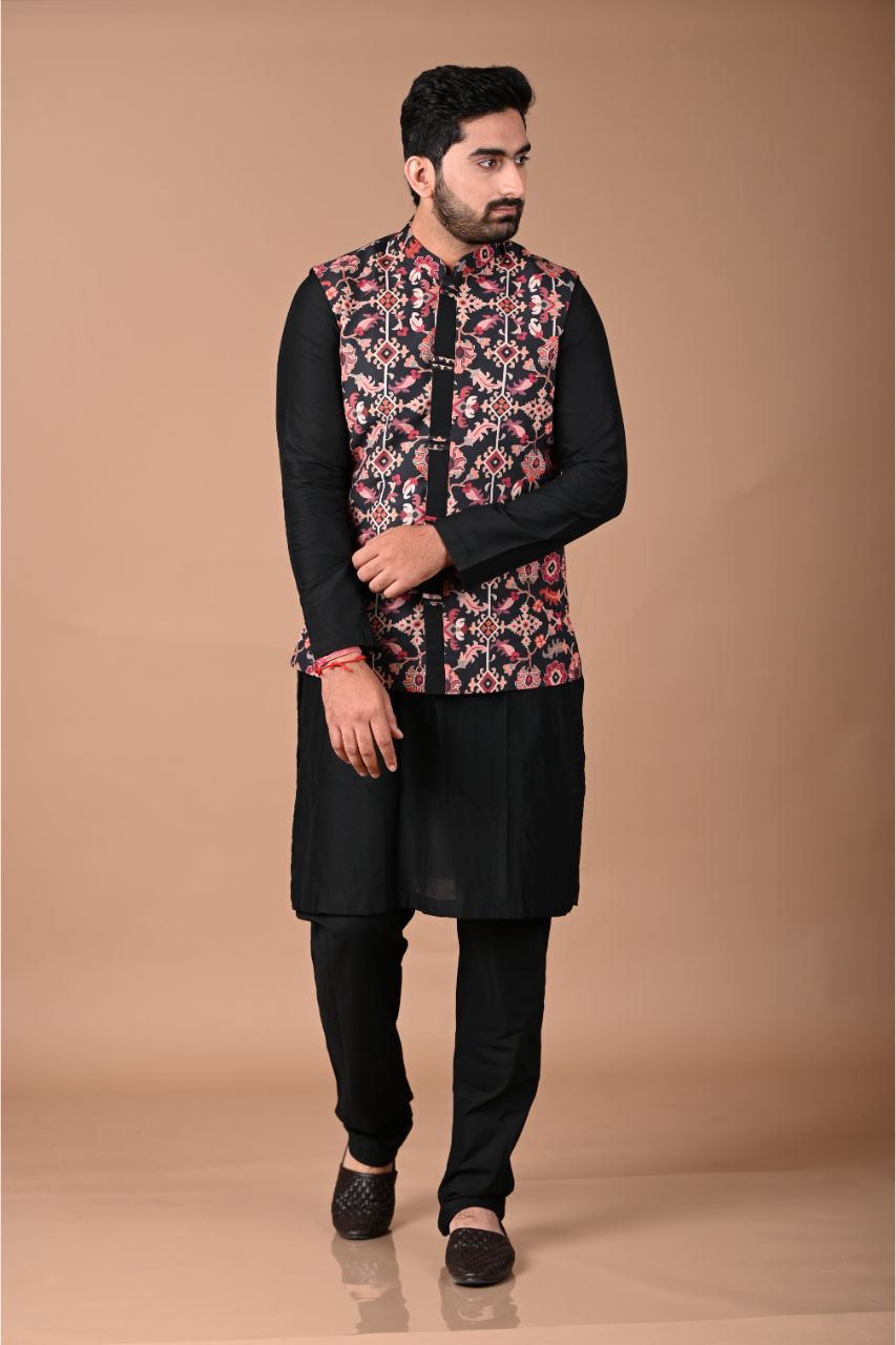 Black Pintux Kurta With Ikkat Printed Bundi Pajama Set