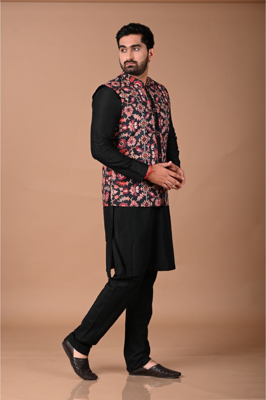 Black Pintux Kurta With Ikkat Printed Bundi Pajama Set