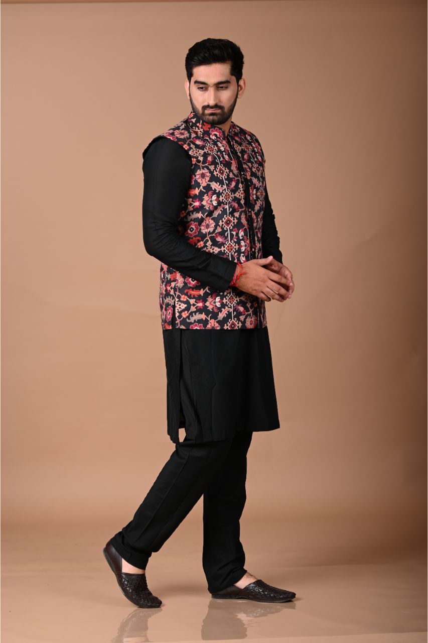 Black Pintux Kurta With Ikkat Printed Bundi Pajama Set