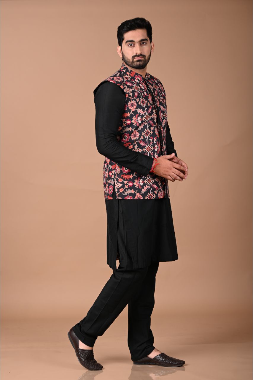 Black Pintux Kurta With Ikkat Printed Bundi Pajama Set