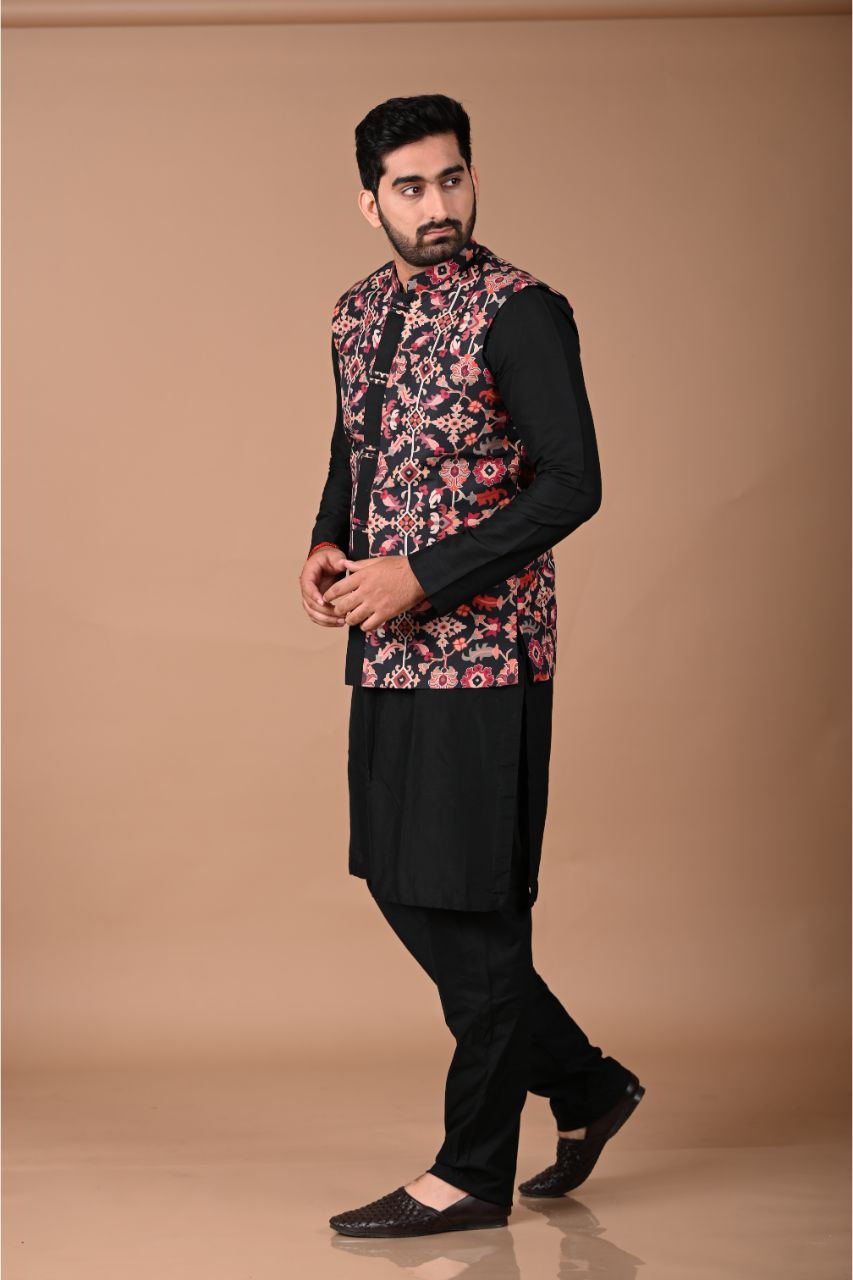 Black Pintux Kurta With Ikkat Printed Bundi Pajama Set