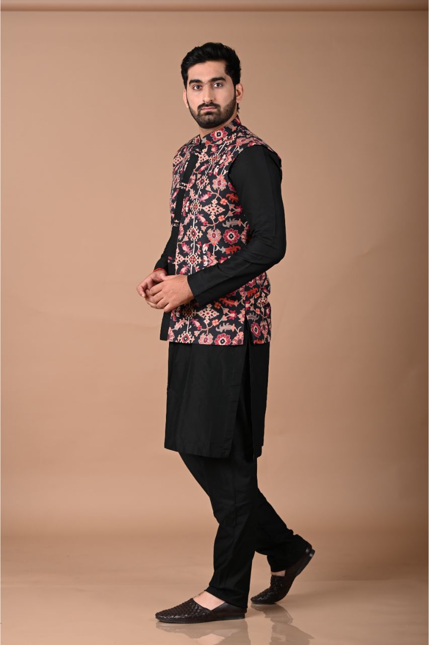 Black Pintux Kurta With Ikkat Printed Bundi Pajama Set