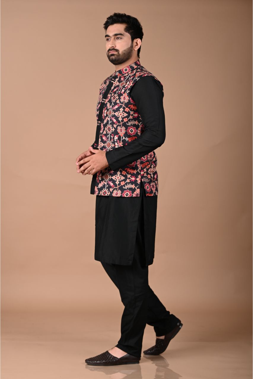 Black Pintux Kurta With Ikkat Printed Bundi Pajama Set