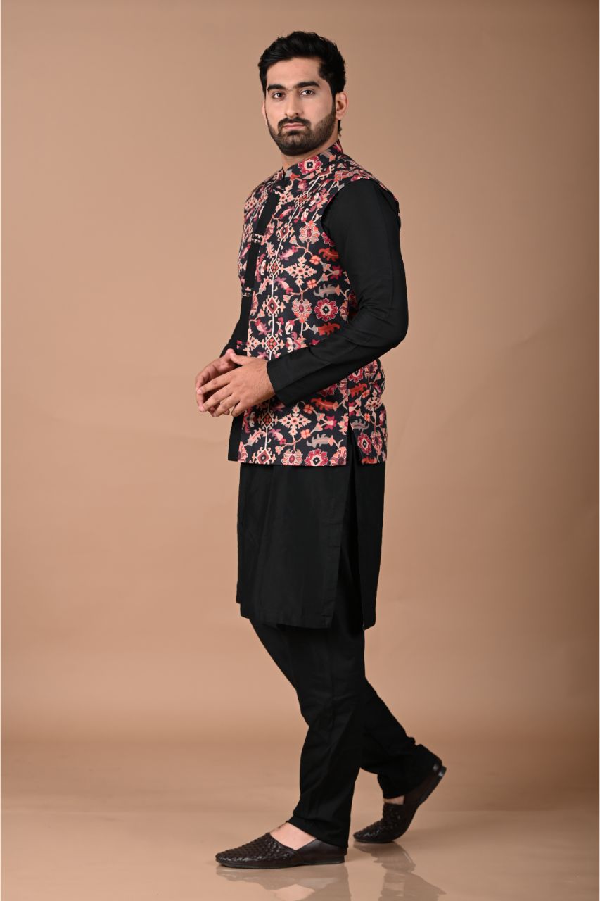 Black Pintux Kurta With Ikkat Printed Bundi Pajama Set