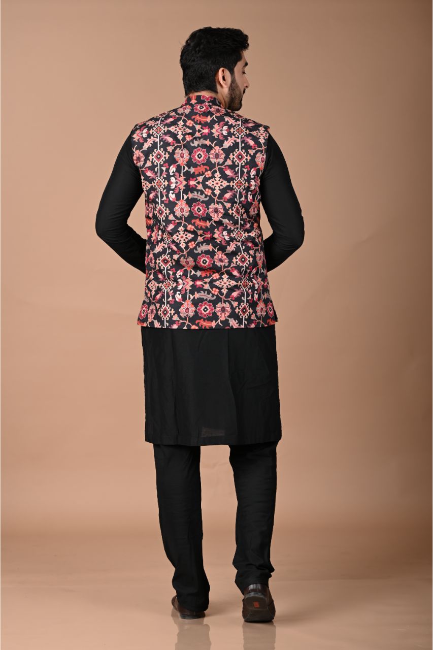 Black Pintux Kurta With Ikkat Printed Bundi Pajama Set