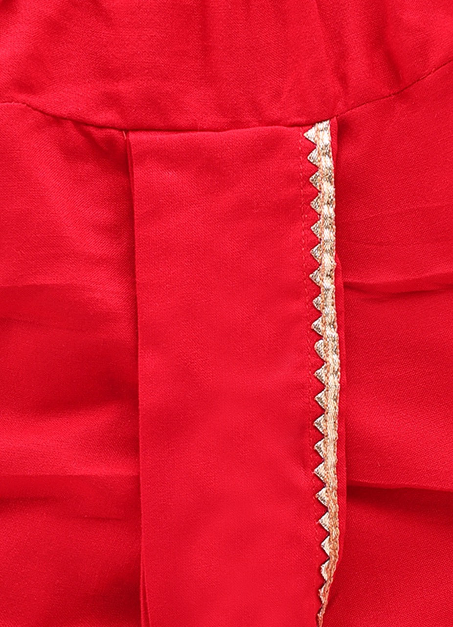 Jamana Boy Red With Caterpillar Embroidery In Front Open Kurta With Dhoti Set