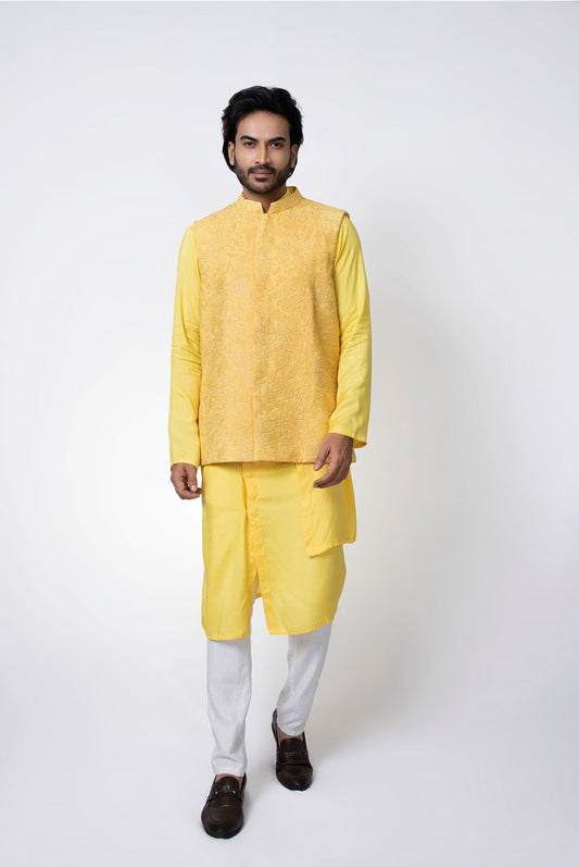 Yellow Layer Stylish Kurta With Heavy Emroidered Bundi Pajama Set