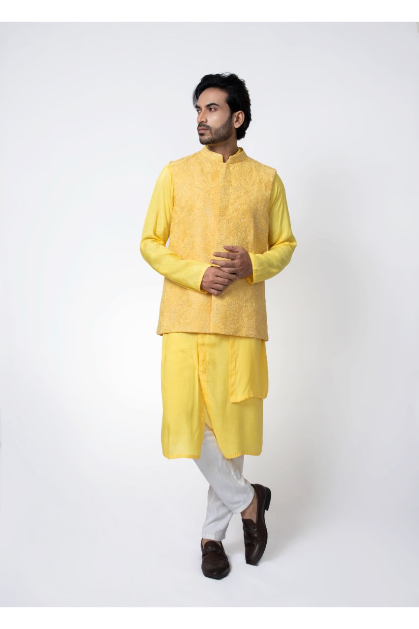 Yellow Layer Stylish Kurta With Heavy Emroidered Bundi Pajama Set