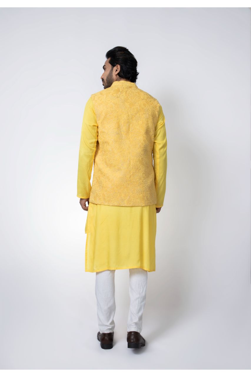 Yellow Layer Stylish Kurta With Heavy Emroidered Bundi Pajama Set