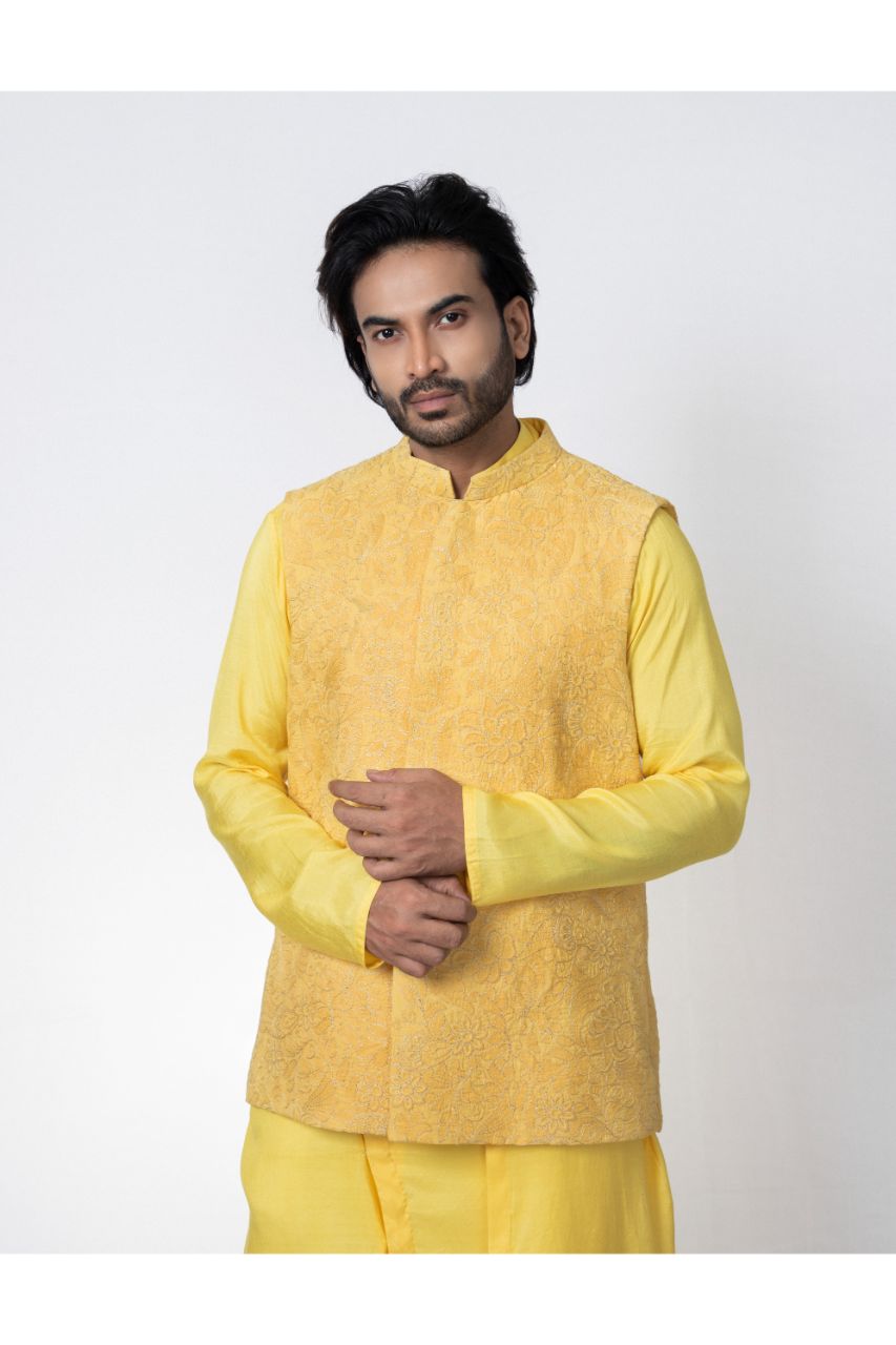 Yellow Heavy Embroidered Bundi